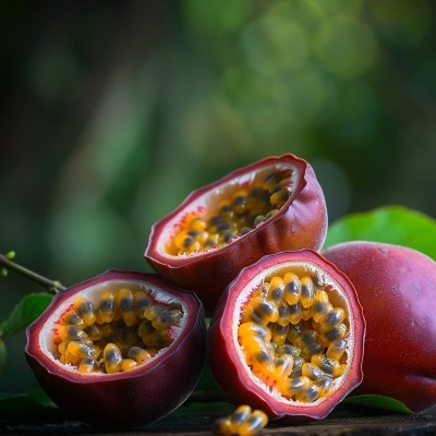Maracujás cortados mostrando sementes e polpa amarela com casca vermelha sobre madeira escura