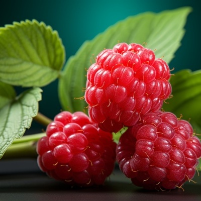 Três frutos vermelhos com folhas verdes sobre fundo escuro