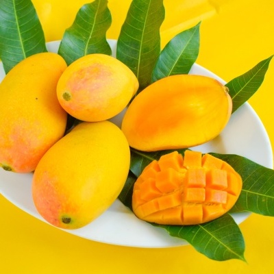 mangas amarelas com folhas verdes num prato branco sobre fundo amarelo