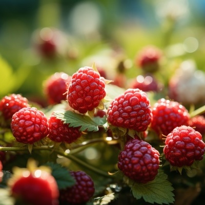Frutos vermelhos maduros em ramos com folhas verdes num campo