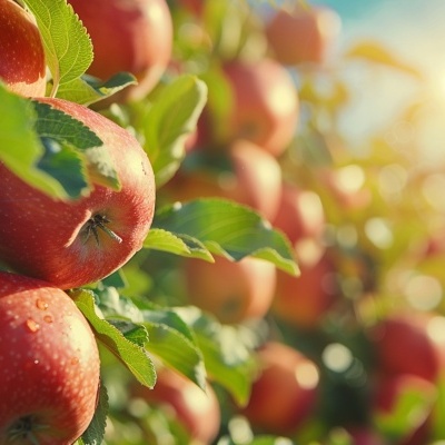 Maçãs vermelhas maduras em ramos verdes de macieira sob luz solar