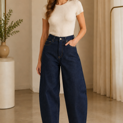 Mulher com t-shirt bege clara e jeans escuros largos