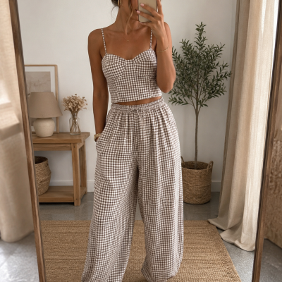 Mulher usando conjunto vichy bege e branco com top cropped e calças largas de cós elástico, sandálias castanhas, tirando selfie diante de espelho em ambiente decorado com móveis e plantas.
