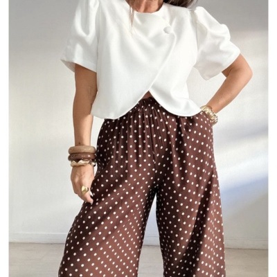 Blusa branca com botão encoberto e calças castanhas com bolinhas brancas.