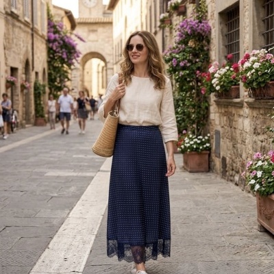 Mulher caminhando com saia azul e blusa branca numa rua antiga com flores