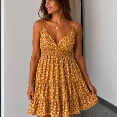 Vestido amarelo com flores brancas e rosas, alças finas, decote em V e saia rodada.