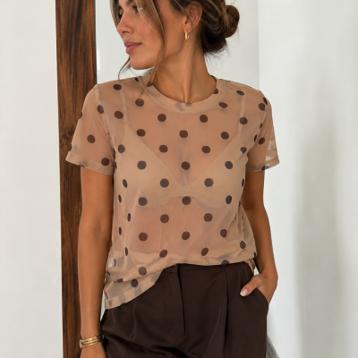 T-shirt bege transparente com bolinhas castanhas e calças castanhas escuras.