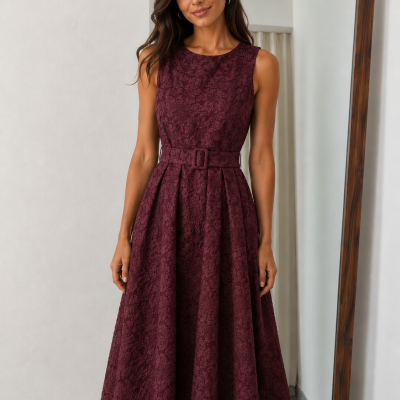 Vestido midi feminino bordeaux com padrão floral em relevo e cinto de tecido.
