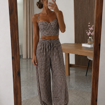 Conjunto feminino xadrez marrom e branco com top cropped e calças largas, sandálias castanhas.
