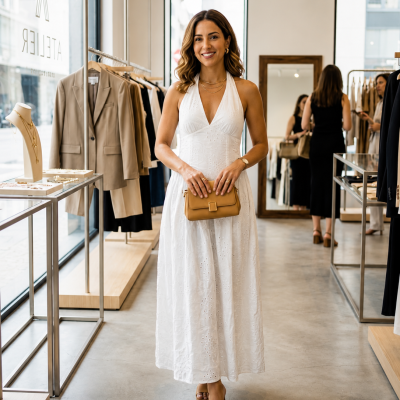 Mulher com vestido branco longo e carteira castanha numa loja de roupa e acessórios.