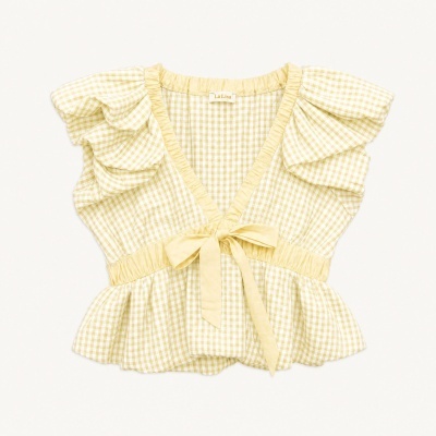 Top feminino xadrez amarelo com mangas folhadas e laço frontal
