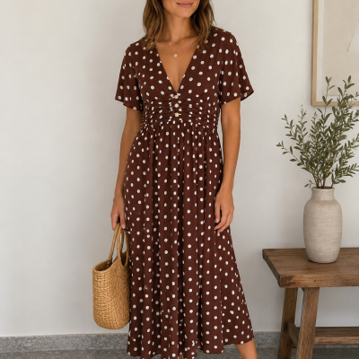 Vestido comprido castanho com bolinhas brancas e decote em V, com mulher a usar e mesa de madeira ao lado