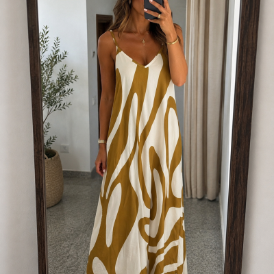 Vestido longo com padrão abstrato castanho e branco em modelo frente ao espelho