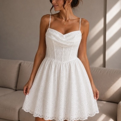 Vestido branco curto em tecido brodado com padrão floral