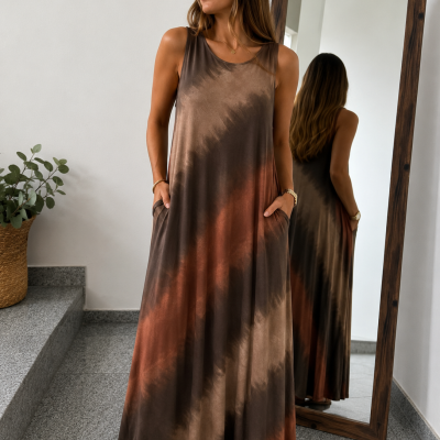 Vestido maxi tie-dye castanho, laranja e bege com bolsos