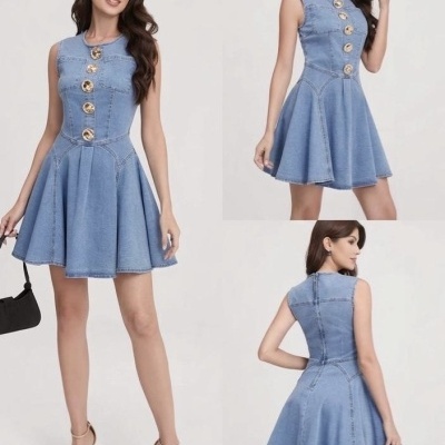 Vestido curto de ganga azul com botões dourados e saia evasé.