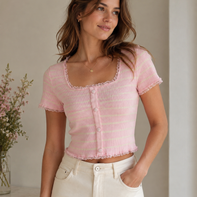 T-shirt feminina rosa com riscas e botões frontais
