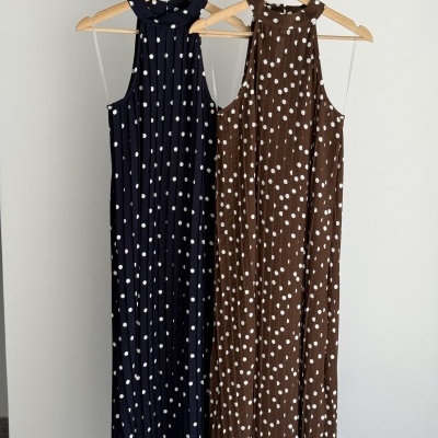 Dois vestidos compridos com padrão de bolinhas, um azul-marinho e outro castanho, pendurados em cabides de madeira