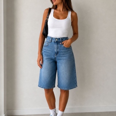 Mulher de camisola branca, bermuda jeans e ténis brancos com riscas pretas