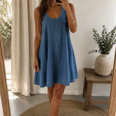 Mulher com vestido azul índigo sem mangas tirando selfie em espelho com decoração minimalista.