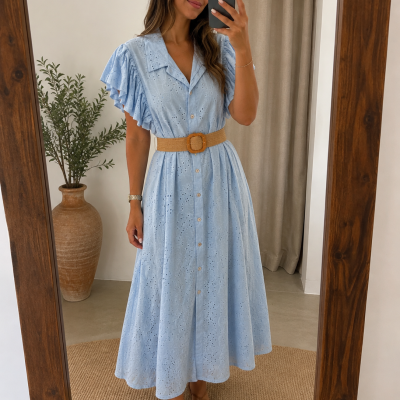 Vestido comprido azul claro com bordado inglês e cinto castanho.