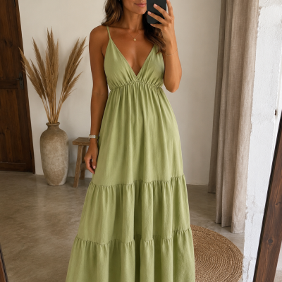 Vestido comprido verde claro com alças finas e saia franzida