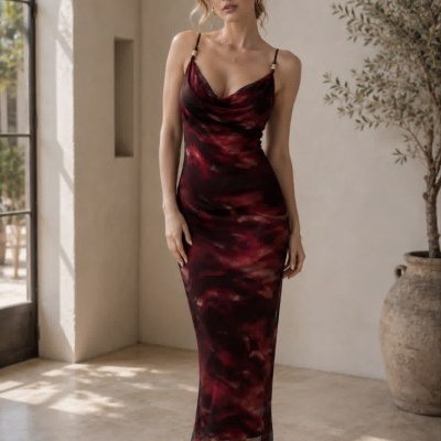 Vestido comprido vermelho e preto com alças finas num ambiente interior
