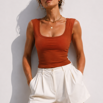 Mulher de pé com top terracota e calções brancos, fundo branco