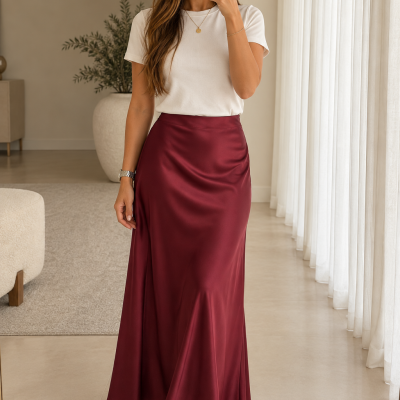 Saia comprida bordô de cetim com t-shirt branca e tênis branco em interior moderno
