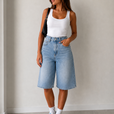 Mulher com top branco, calções de ganga azul e sapatos desportivos brancos posando na parede cinza clara.