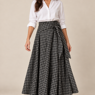 Mulher com camisa branca e saia preta xadrez longa com laço