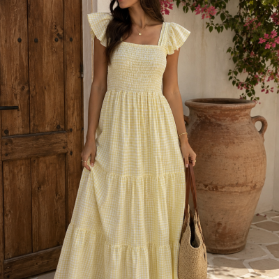 Vestido longo amarelo claro xadrez com folhos, mulher com bolsa de palha junto a porta e vaso de barro
