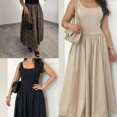 Três vestidos compridos com saia rodada e parte superior sem mangas em preto, bege e animal print