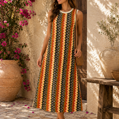 Vestido comprido colorido com padrão listrado e sem mangas