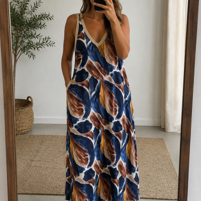 Vestido longo com padrão abstrato em azul, castanho e amarelo