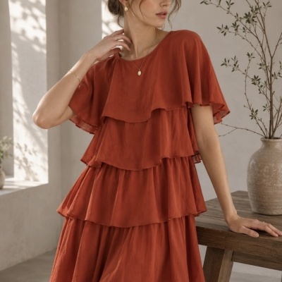 Vestido feminino ferrugem de tecido leve com camadas em folhos, mulher com joias douradas, interior com planta e mesa de madeira.