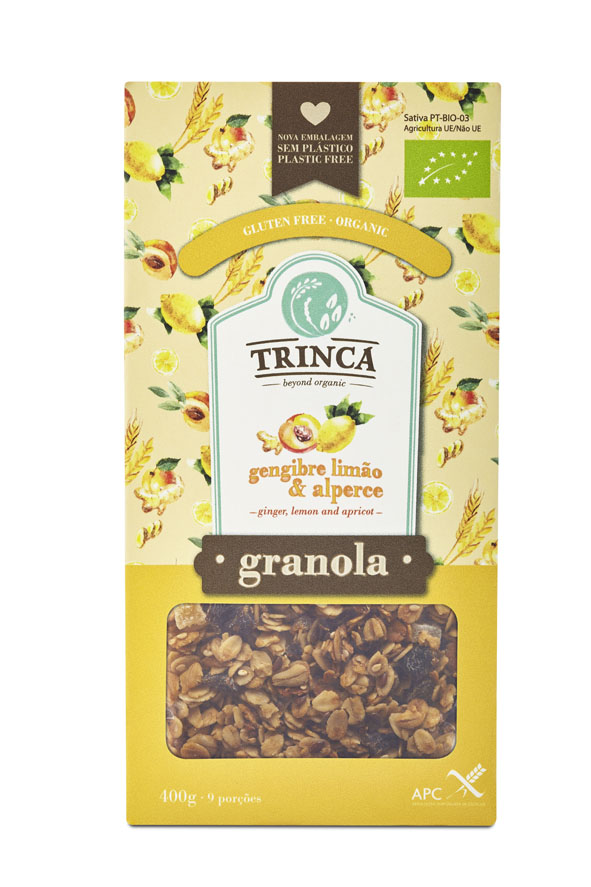 granola gengibre, limão e alperce BIO sem glúten - 400g Embalagem amarela de granola Trinca gengibre limão e alperce