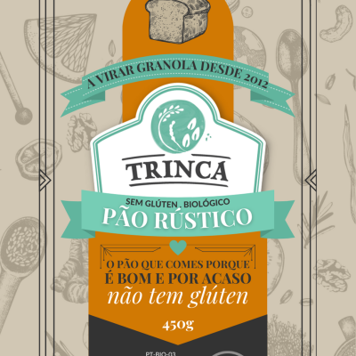 Embalagem de pão rústico sem glúten e biológico da marca Trinca com certificações
