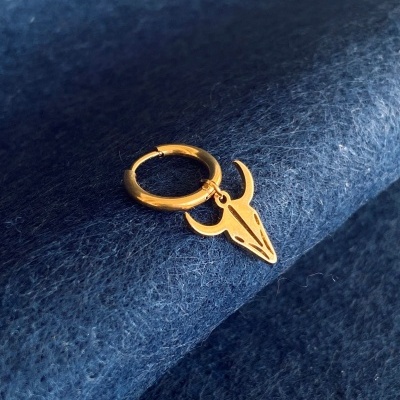 Brinco dourado com pendente de crânio sobre tecido azul