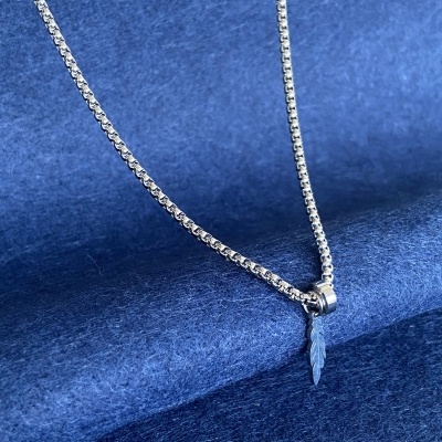 Colar de corrente prateada com pendente em forma de pena sobre fundo azul