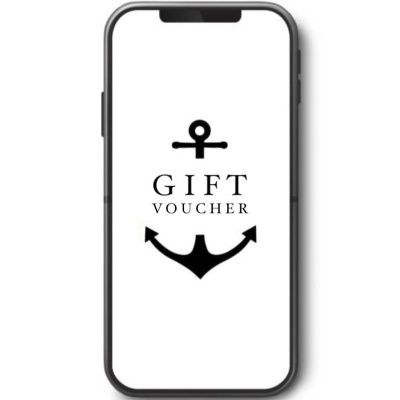 Smartphone com símbolo de âncora e texto GIFT VOUCHER no ecrã