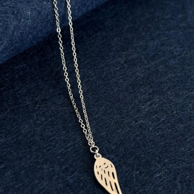 Colar prateado com pendente em forma de asa sobre tecido azul escuro