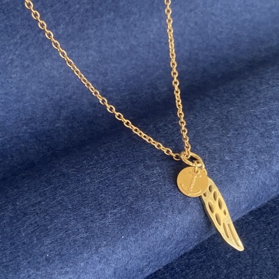 Colar dourado com pendente em forma de asa e disco redondo gravado sobre fundo azul