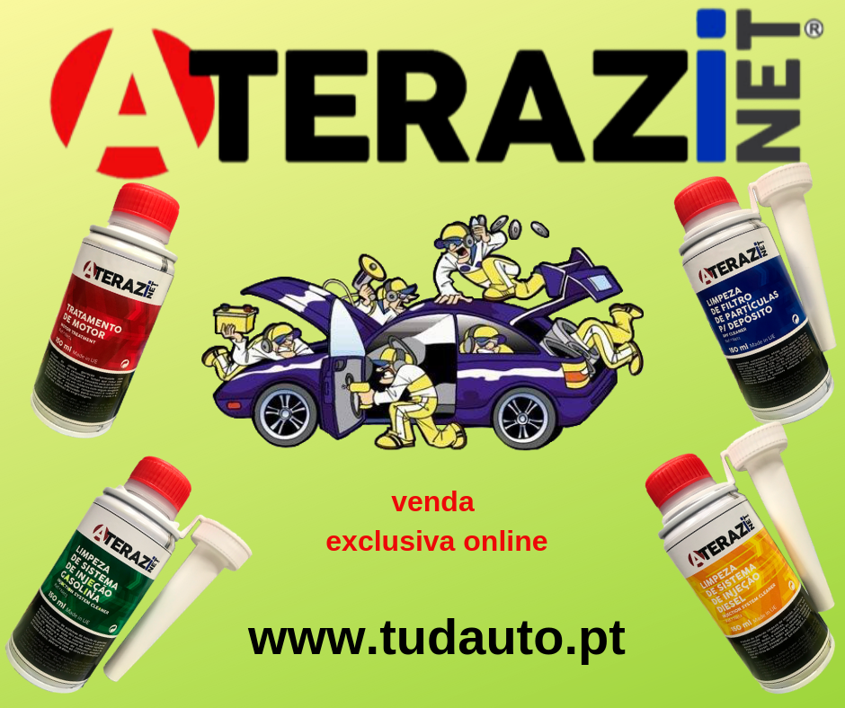 Produtos ATERAZI NET com carro desportivo e texto promocional