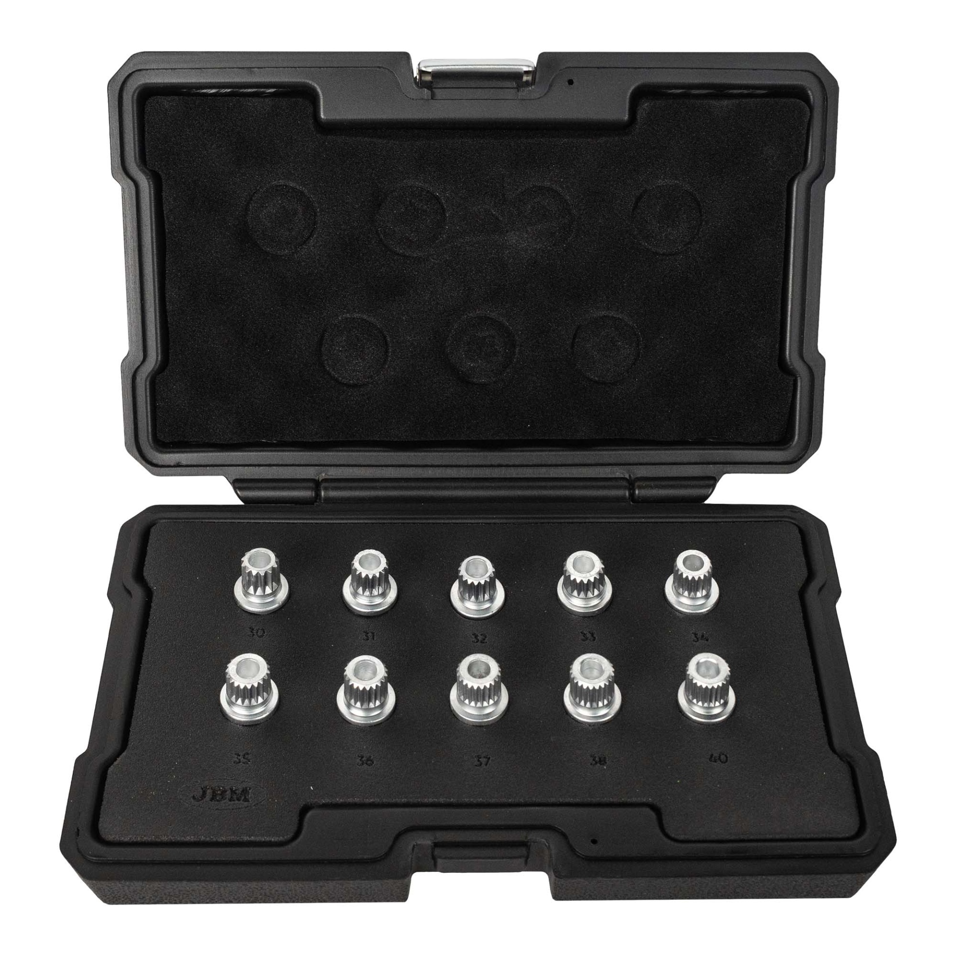 KIT DE CHAVES DE CAIXA PARA PERNOS DE SEGURANÇA BMW (10 PEÇAS) | JBM 54815 Conjunto de soquetes de metal prateado em caixa preta com numeração