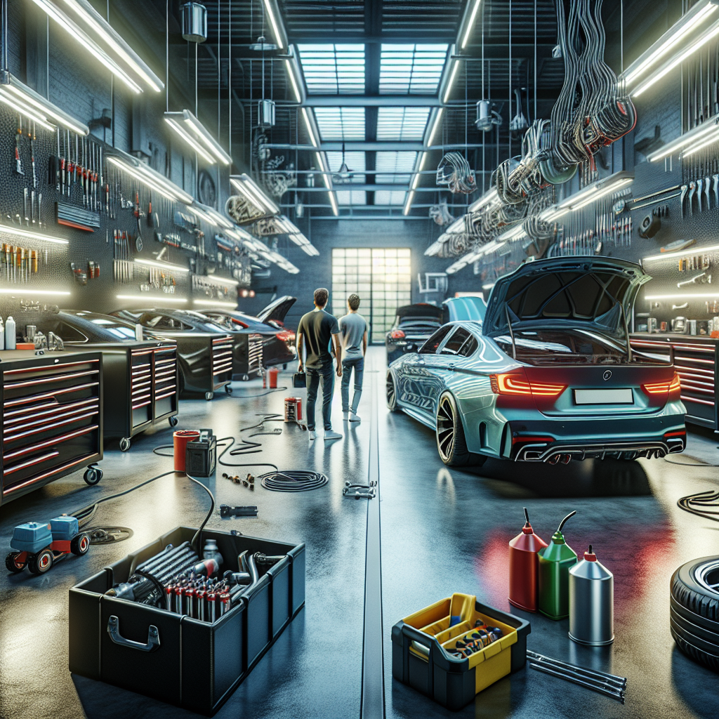 Oficina automóvel moderna com carros desportivos cinzentos e caixas de ferramentas vermelhas
