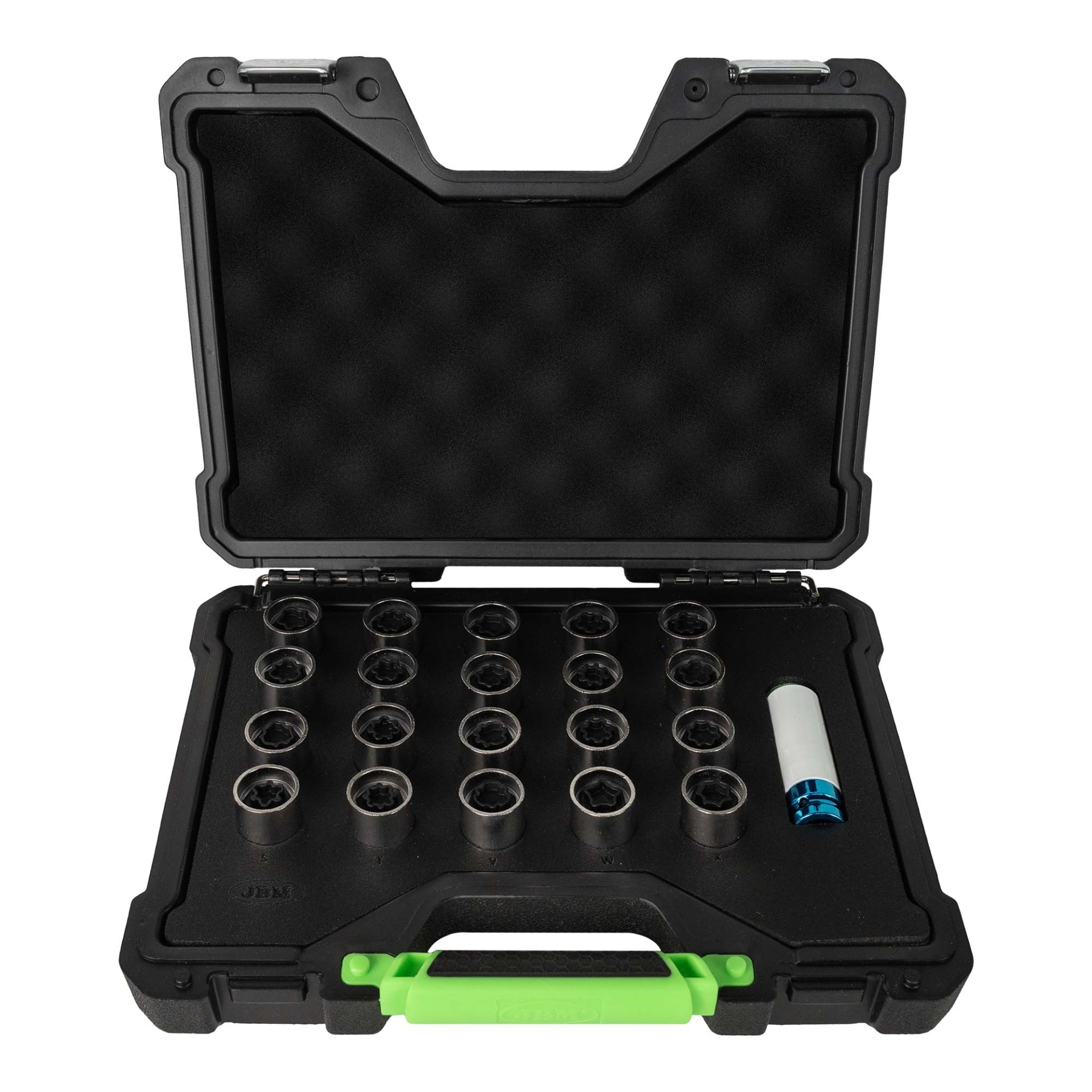 CONJUNTO DE 21 CHAVES PARA PERNOS DE SEGURANÇA (BMW) | JBM 54810 Estojo de ferramentas preto aberto com soquetes metálicos e alça verde