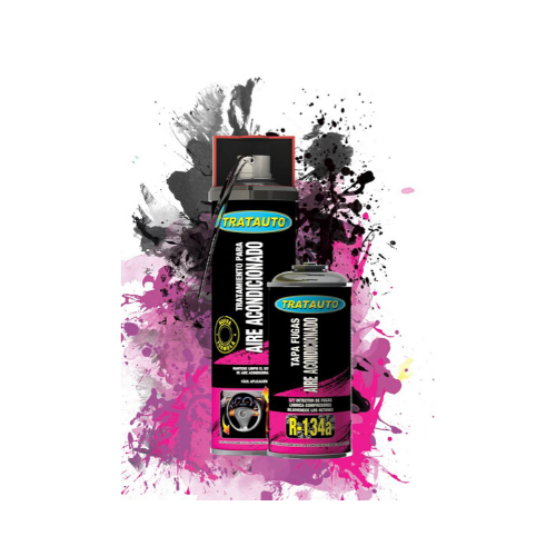 Produto para ar condicionado automóvel TRATAUTO com embalagem preta e rosa sobre fundo de manchas coloridas