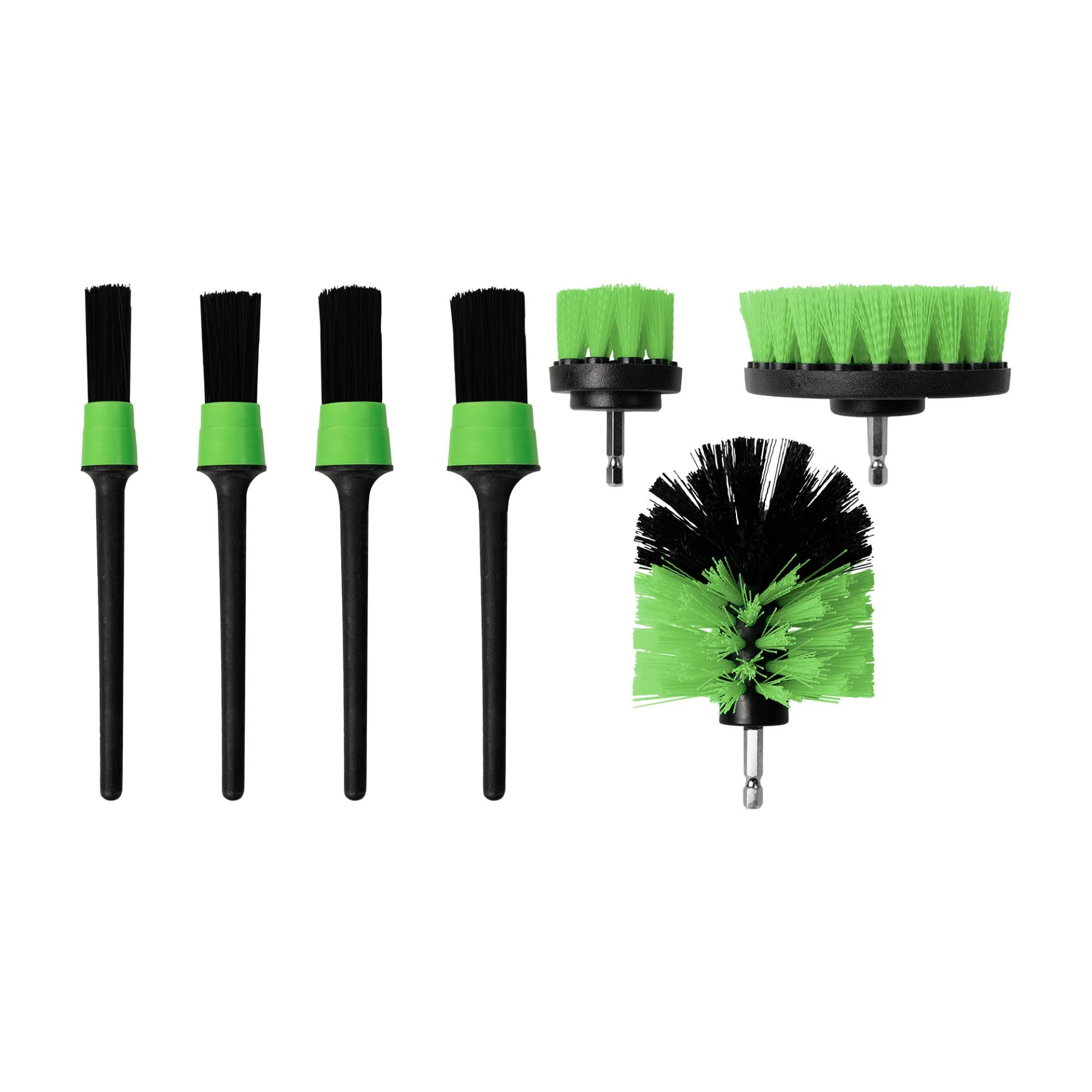 KIT DE DETALHE AUTOMÓVEL (7 ACESSÓRIOS ESSENCIAIS) | JBM 54895 Conjunto de escovas de limpeza com cerdas verdes e pretas para furadeira