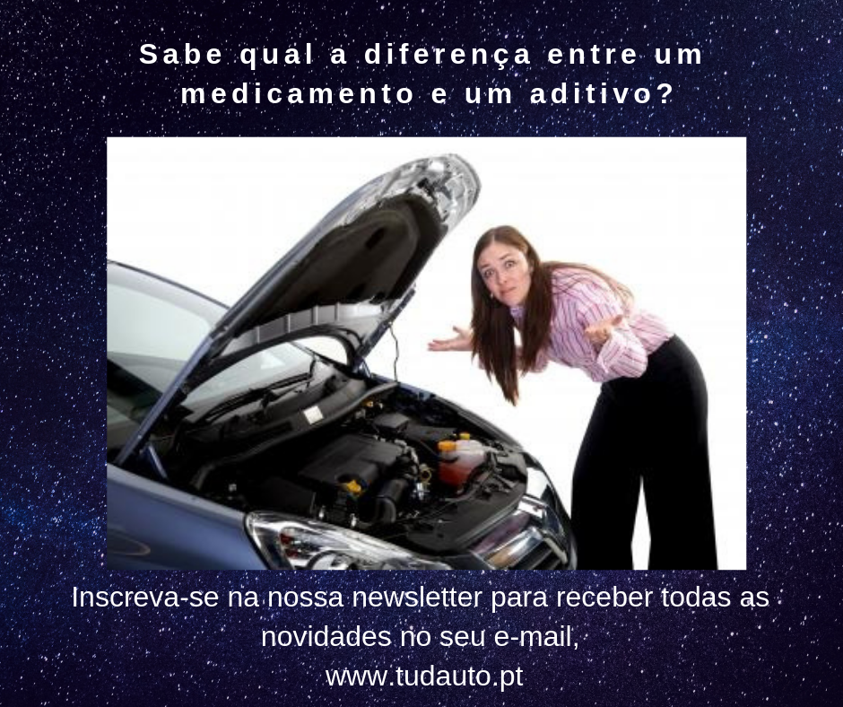 Mulher junto ao motor aberto de carro cinzento com fundo estrelado e texto em português.
